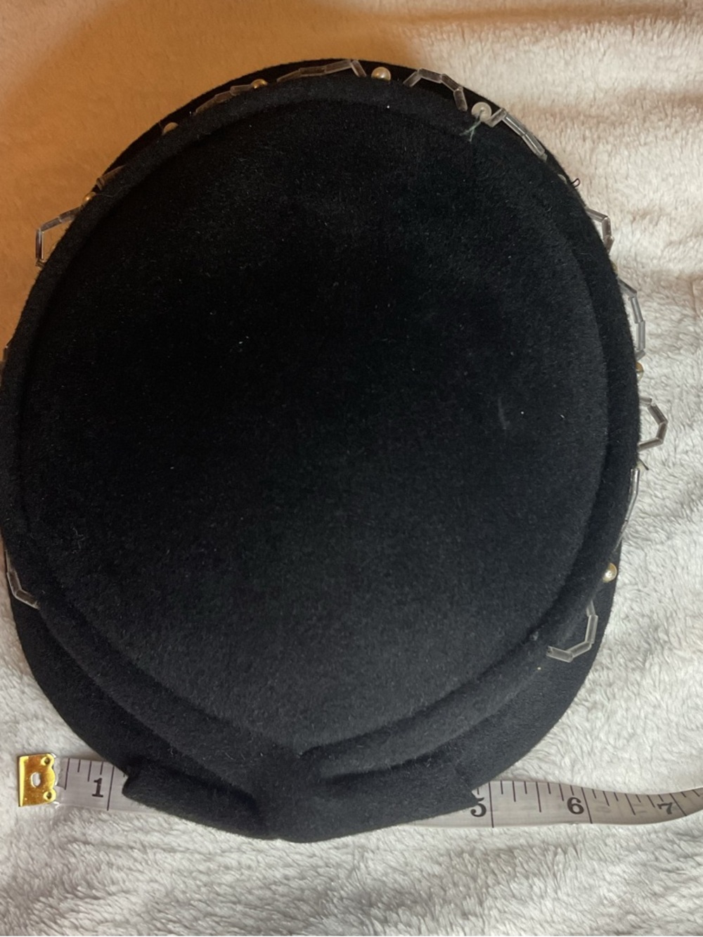 Vintage 50s 60s Genuine Velour Fur Felt Pillbox Hat Beaded Glass Pearl Brown - Picture 6 of 7